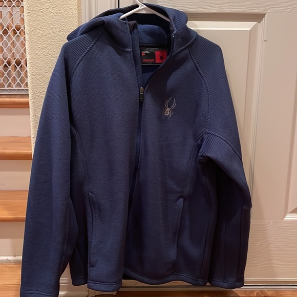 Excellent L Blue Hooded Spyder Men's Stellar Jacket Sherpa Lined Bonded Fleece - Picture 2 of 5